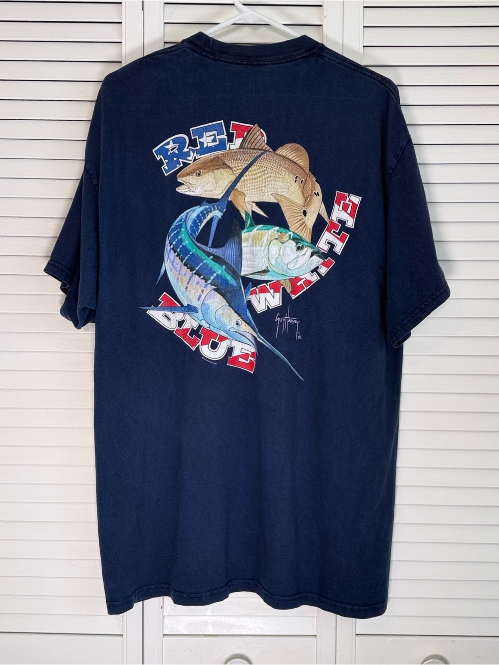 Guy Harvey Mens Graphic Tee Navy Blue Fishing Red White Blue July 4 Size XL